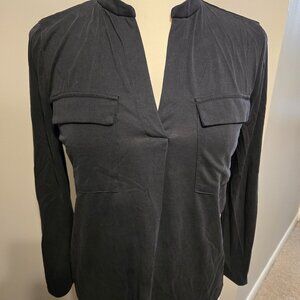 A New Day Stretch Long Sleeve Blouse with Mandarin Collar, Black